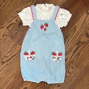 Baby Boden Surfboard Blue Ticking Overalls with Red Strawberry, white shirt, 3-4